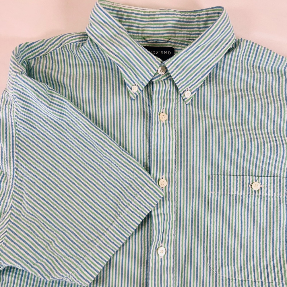 Lands End Men Seersucker Button Down Shirt Large Green Blue Striped Short Sleeve